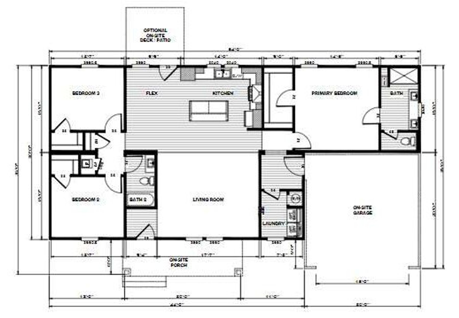Floor plan of a single-story house showing 3 bedrooms, 2 bathrooms, kitchen, living room, flex space, laundry room, and attached garage with optional deck patio