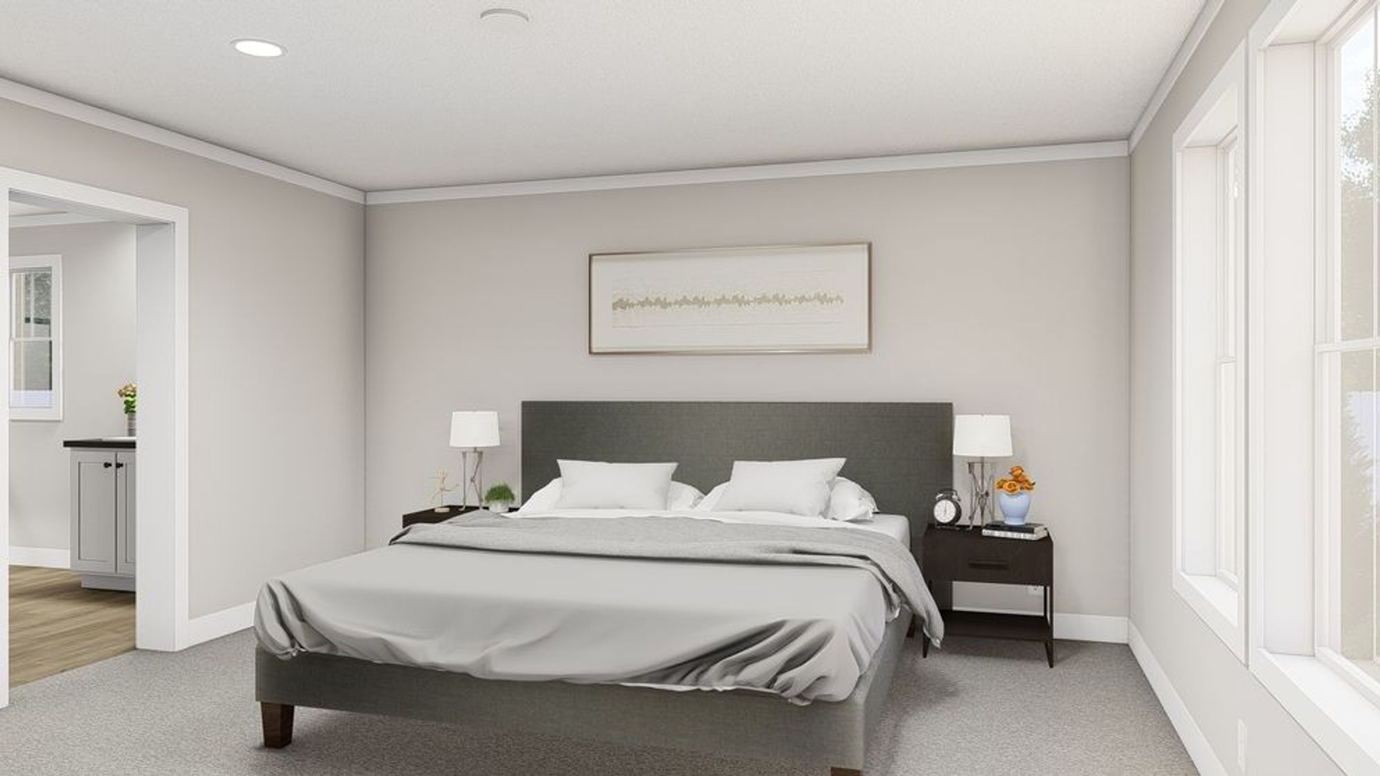 Bedroom with queen-sized bed, two side tables, and two lamps