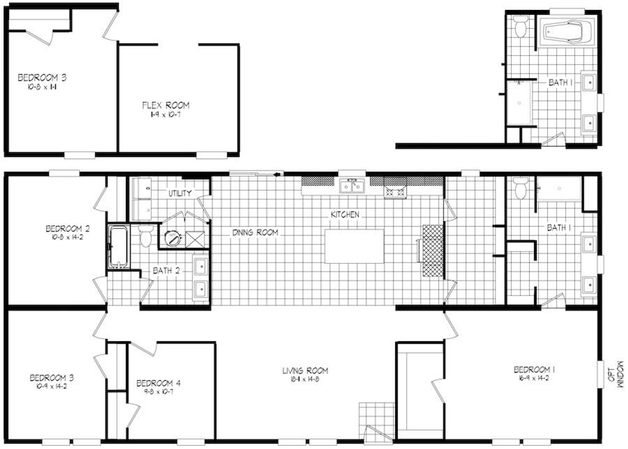 House blueprint featuring 5 bedrooms, a flex room, 4 bathrooms, and an open-layout kitchen, dining room, living room, and den.