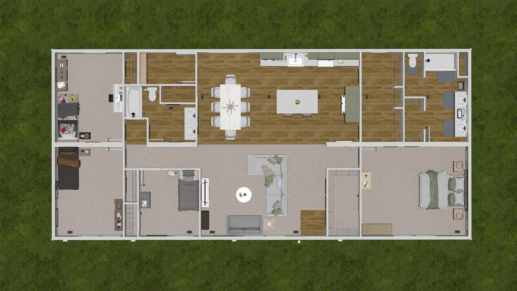 House layout with 4 bedrooms, 2 bathrooms, and an open-layout living room, dining room, and kitchen.