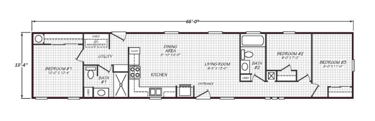 Solaris 14663A floor plan with 3 bedrooms, 2 bathrooms, and 800 square feet, built by Cavco Goodyear.