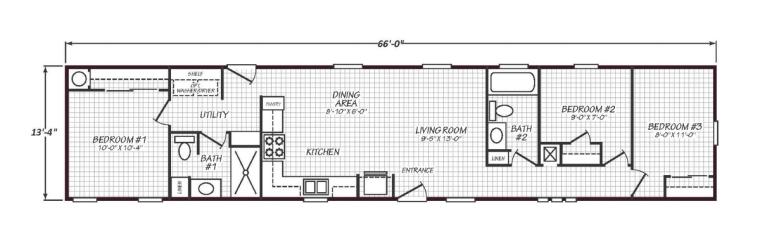 Solaris 14663A floor plan with 3 bedrooms, 2 bathrooms, and 800 square feet, built by Cavco Goodyear.