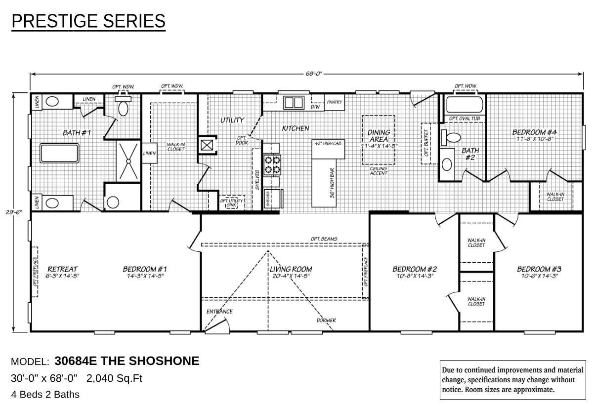 Floor plan of Prestige Series Model 30684E The Shoshone showing a 4-bedroom, 2-bathroom home layout with 2,040 square feet, including kitchen, dining area, living room, utility room, and retreat room