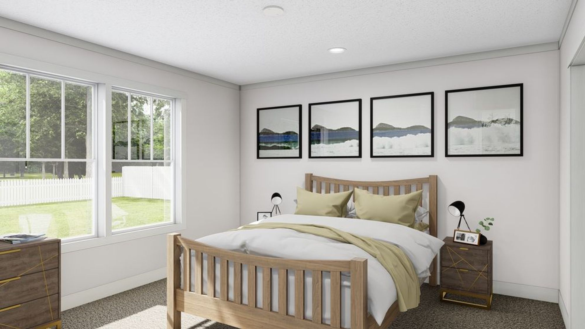 Modern bedroom featuring light wood bed frame, sage green bedding, geometric nightstands, and framed landscape artwork series above headboard.