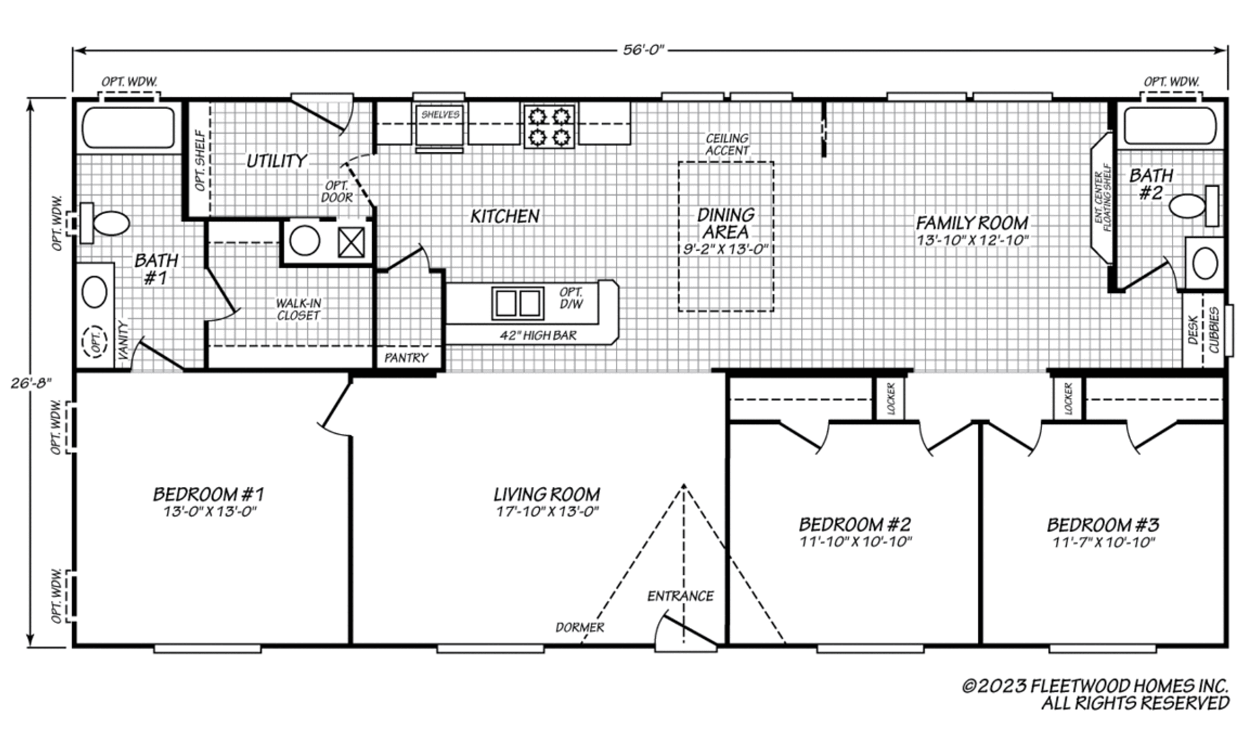 This is the Cavco Idaho 28563F floor plan, a 3-bedroom, 2-bath home (26'8" x 56'). It includes a spacious living room, large kitchen with island and pantry, dining area, family room, primary suite with walk-in closet, two additional bedrooms with closets, two full baths, and a utility room.