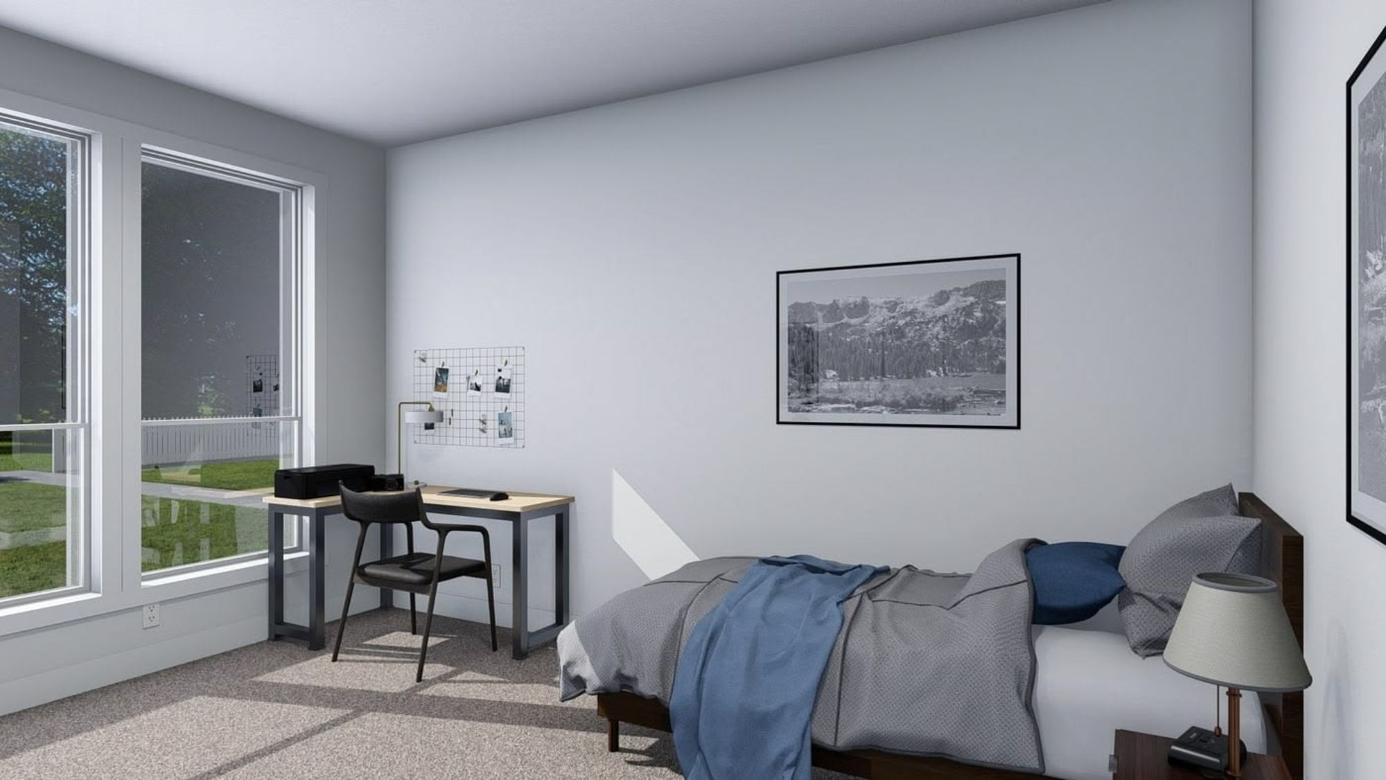 A medium-sized bedroom with a single bed, large windows, and a desk.