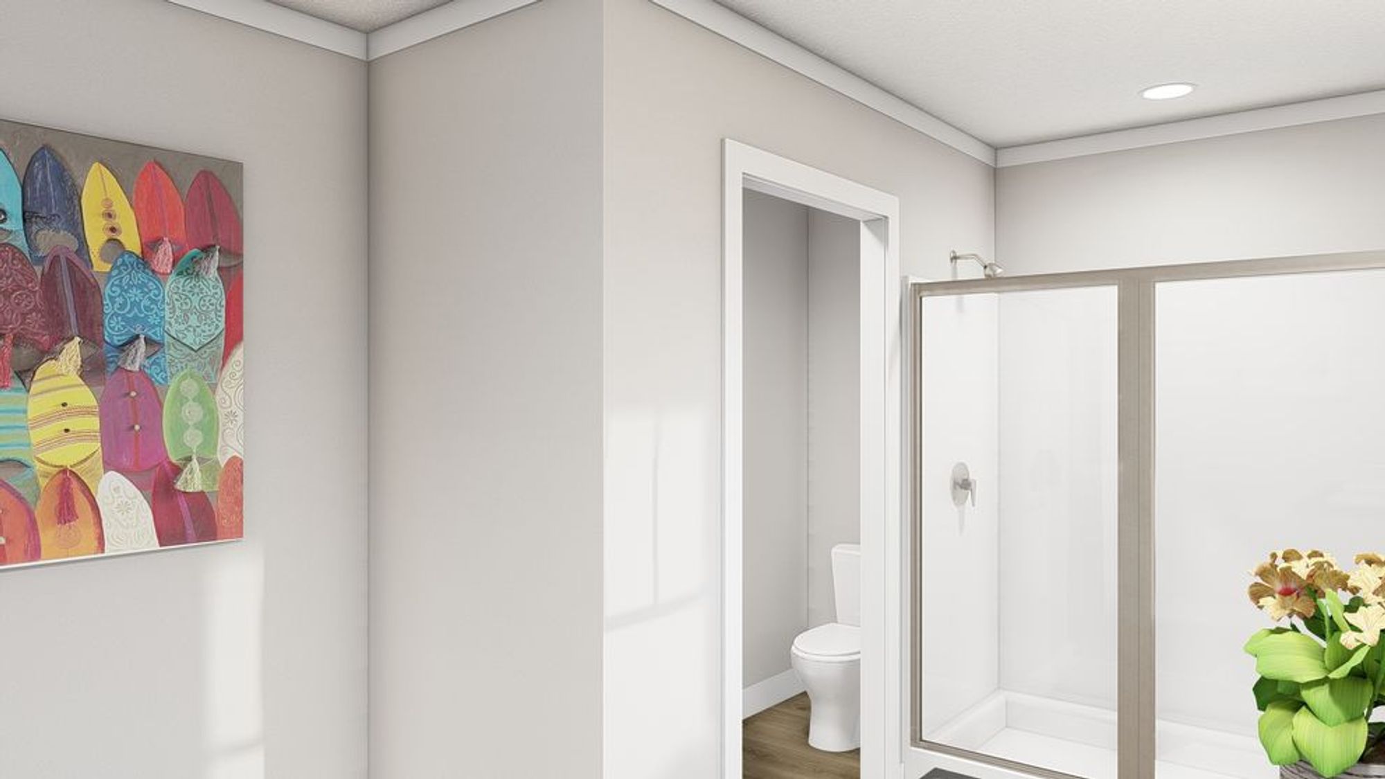 Large white bathroom with separate room for the toilet and a large standing shower
