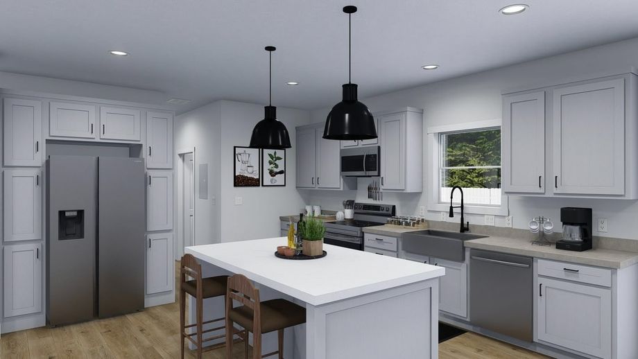 Large white kitchen with an island