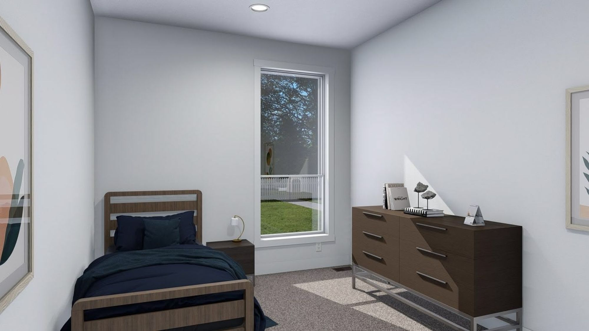A medium-sized bedroom with a single bed, a dresser, and a side table.
