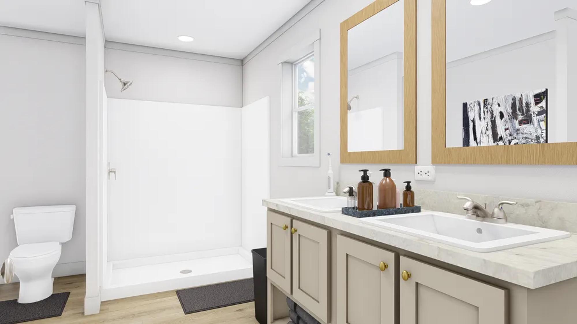 Close-up of a bathroom with a large standing shower and a spacious double-sink countertop.