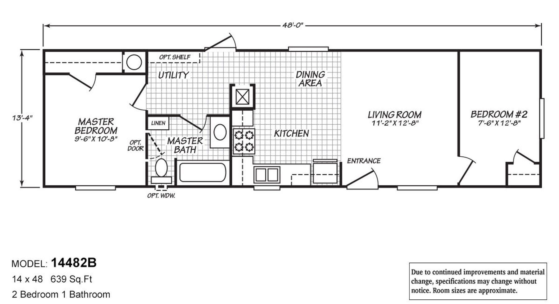 Floor plan of Cavco Idaho Model 14482B, a 639 sq. ft. layout with 2 bedrooms, 1 bathroom, a kitchen with dining area, utility room, and spacious living room.