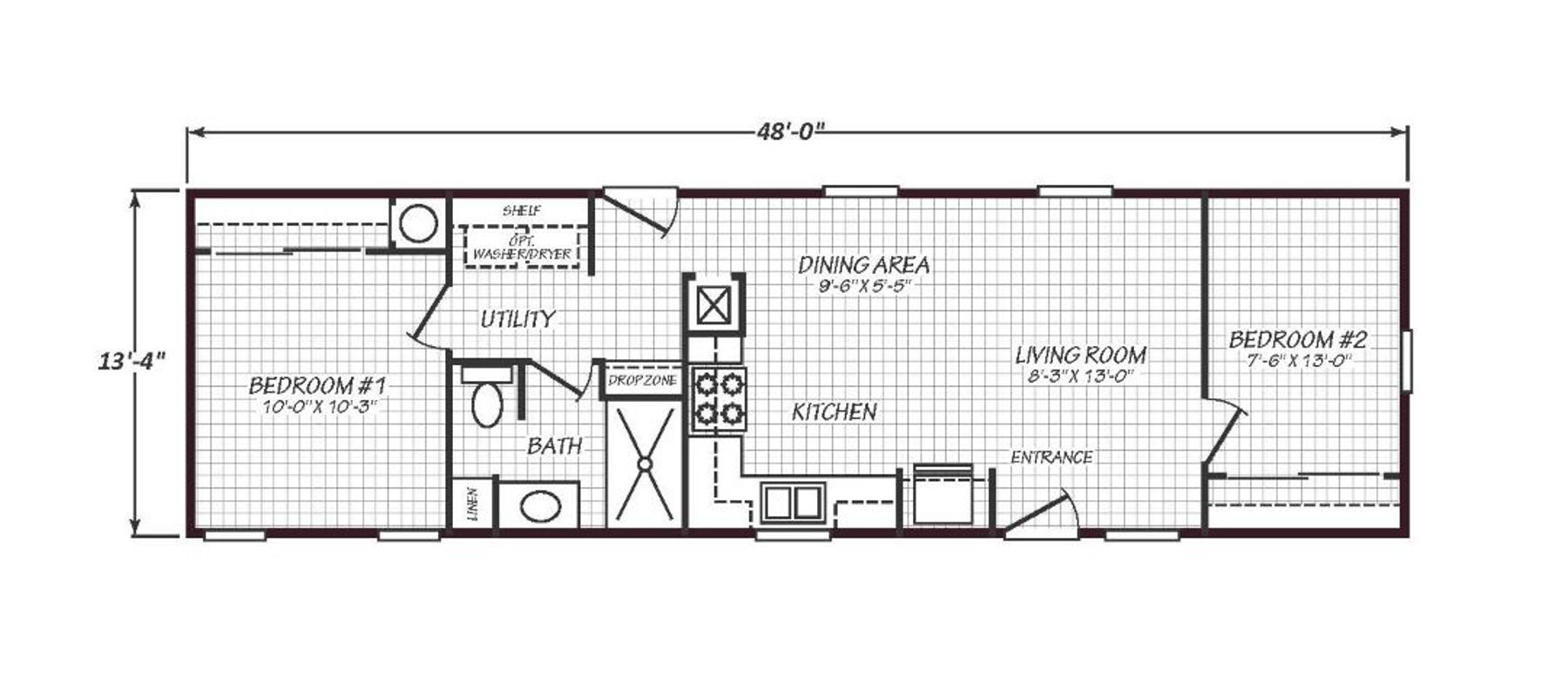 Solaris 14482A floor plan with 2 bedrooms, 1 bathroom, and 640 square feet, built by Cavco Goodyear.