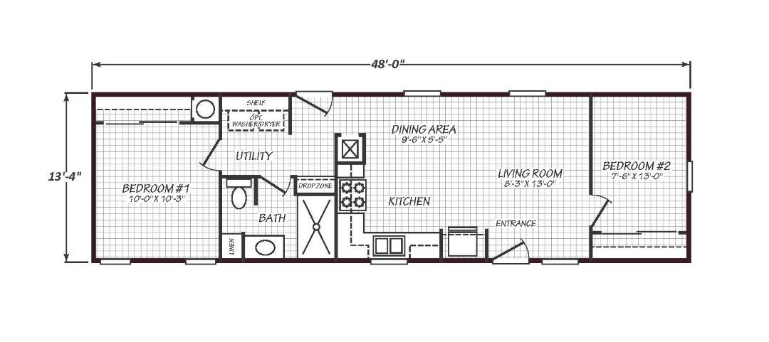 Solaris 14482A floor plan with 2 bedrooms, 1 bathroom, and 640 square feet, built by Cavco Goodyear.