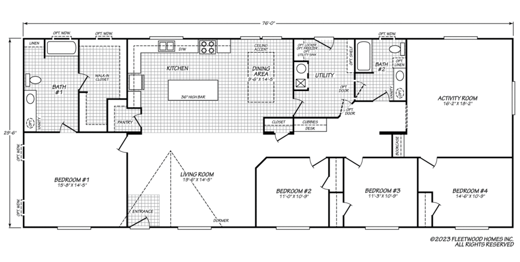 This 76' x 29'6" floor plan features 4 bedrooms, 2 bathrooms, a large living room, open kitchen with island, dining area, utility room, and a spacious activity room for extra living space.