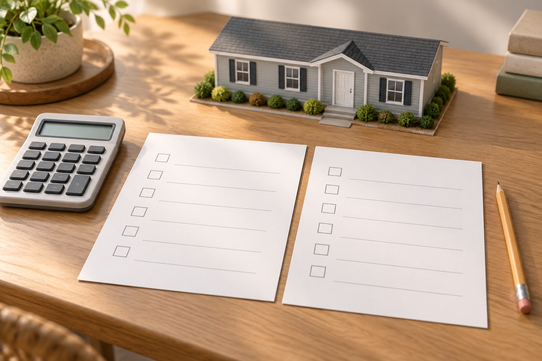 Two blank checklists beside a calculator and pencil, with a miniature one-story house on a wooden desk.