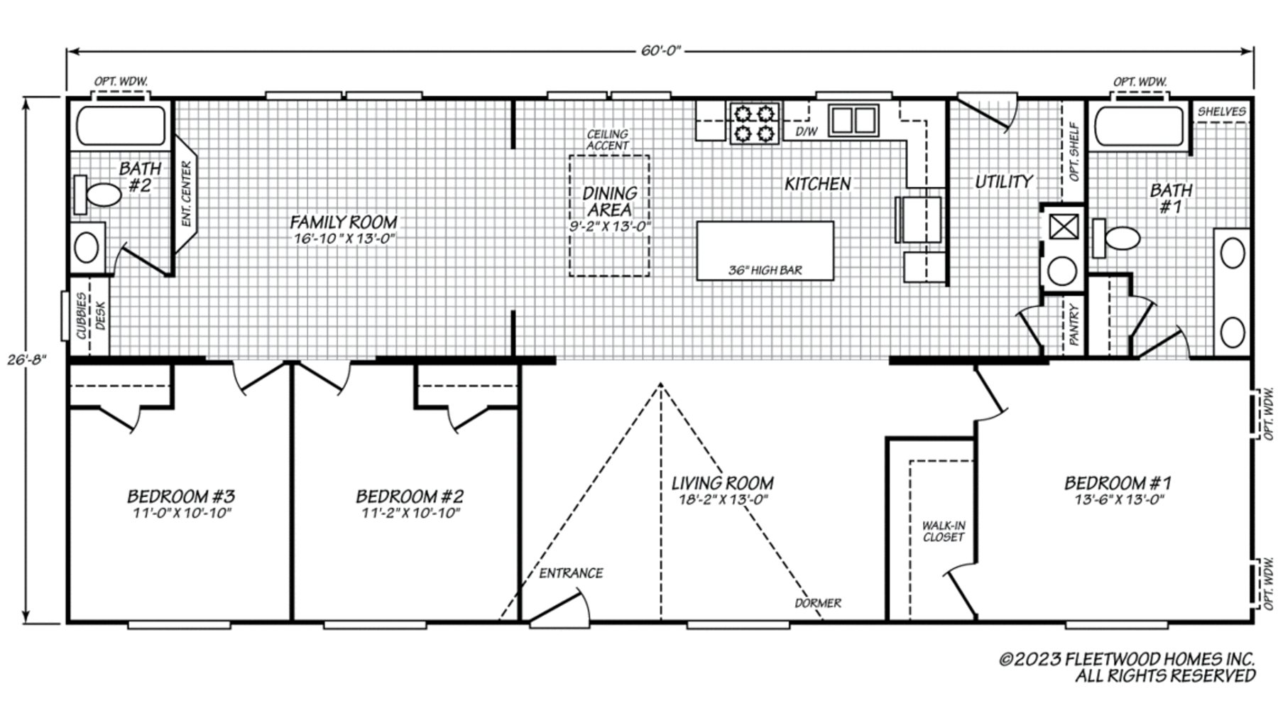 Floor plan of a 3-bedroom, 2-bath home featuring a large living room, family room, central kitchen with island and dining area, utility room, and master suite with walk-in closet and private bath.