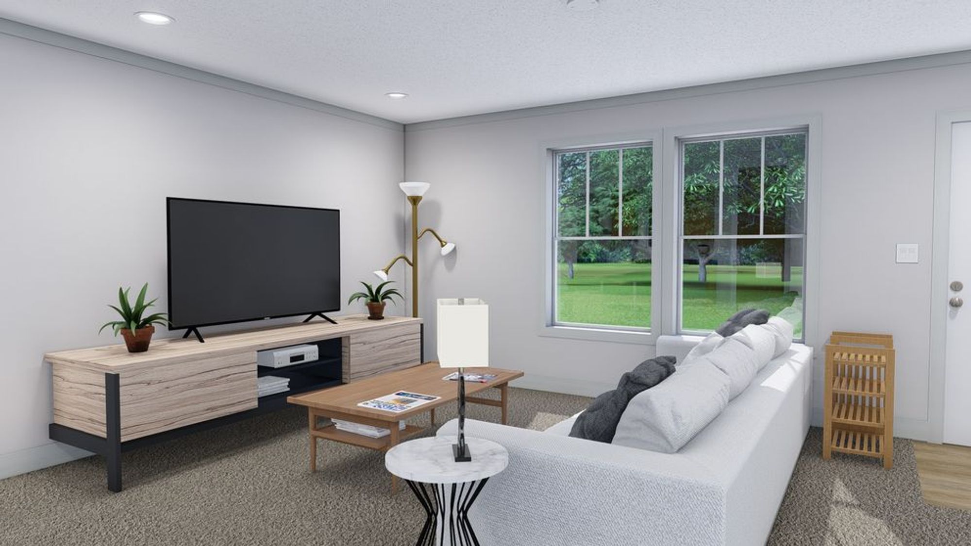Mid-sized living room with a couch, and a coffee table.