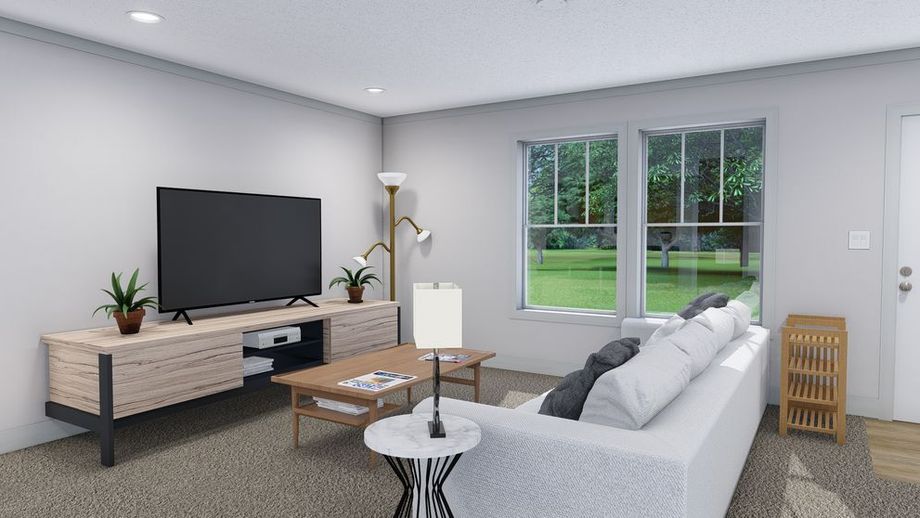 Mid-sized living room with a couch, and a coffee table.