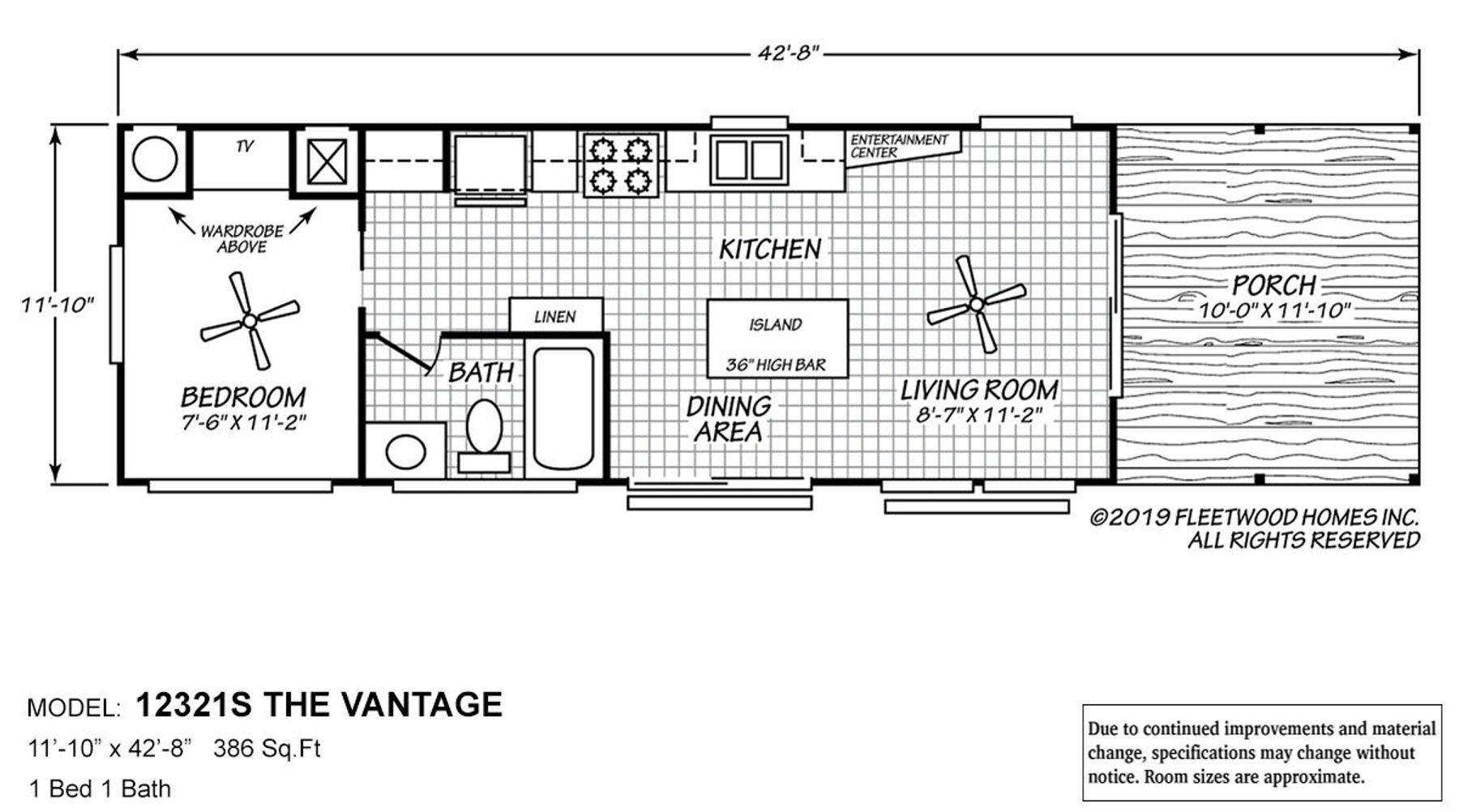 Floor plan of the Cavco Idaho Model 12321S "The Vantage," a 386 sq. ft. layout featuring 1 bedroom, 1 bathroom, an open kitchen with island and dining area, a living room with entertainment center, and a 10-foot covered porch.