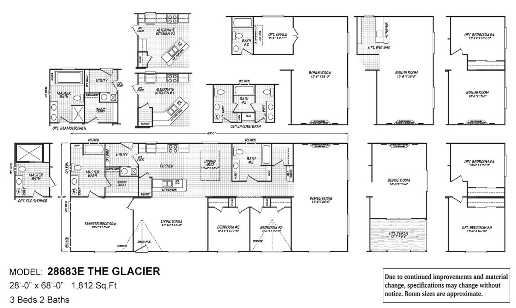 Floor plan for The Glacier model 28683E showing 3-bedroom, 2-bathroom layout with 1,812 sq ft and multiple optional room configuration.
