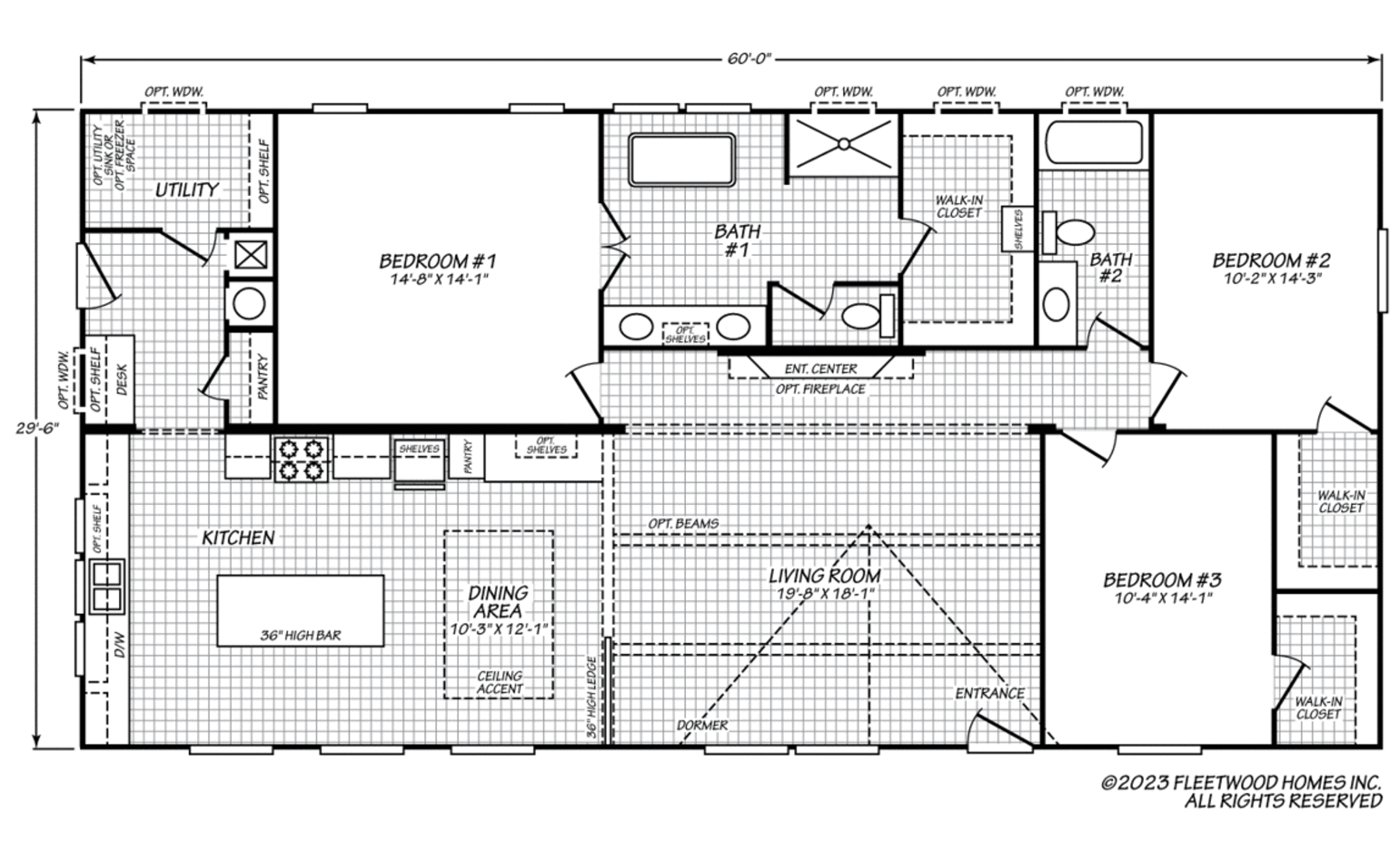 Floor plan of a manufactured home measuring 60' x 29'-6". Features include 3 bedrooms, 2 bathrooms, a spacious living room with optional beams and fireplace, a kitchen with island and dining area, utility room with desk space, and multiple walk-in closets.