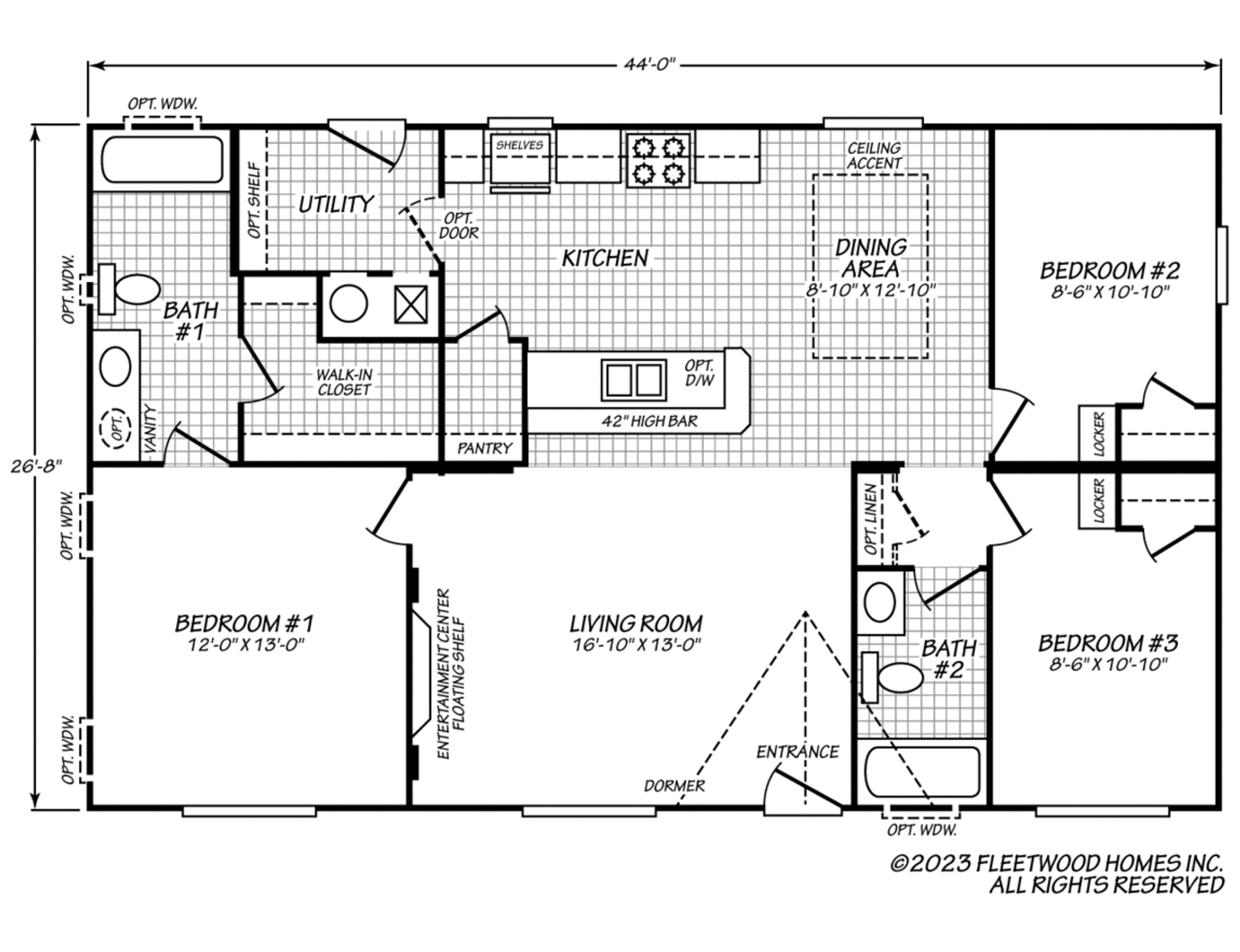 Floor plan of Model 24443P, a 3-bed, 2-bath manufactured home with open kitchen, island bar, dining area, utility room, and large living room.