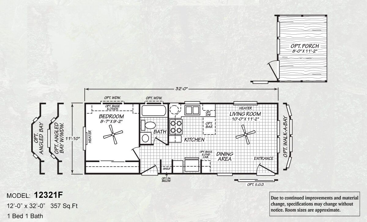 Floor plan for Model 12321F, a 357 sq. ft. home with 1 bed and 1 bath. Layout includes a front porch, living room, dining area, kitchen, bathroom, and rear bedroom. Optional features shown: porch, walk-a-bay windows, angled bay windows, and built-ins.