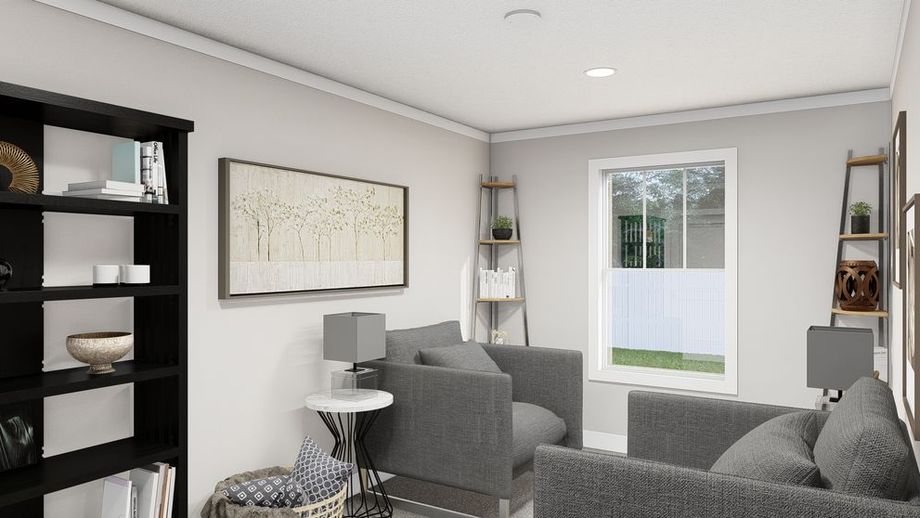 Small white room with two chairs, three shelves, and side tables with lamps