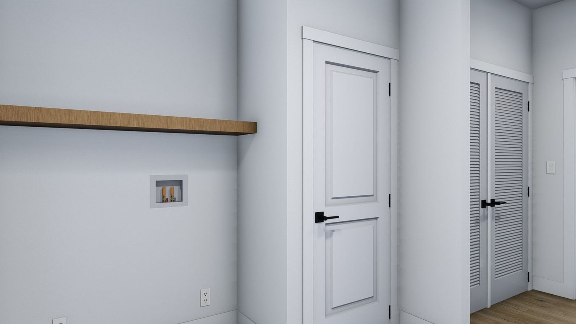 Close-up of an empty room with white walls and a long wooden shelf.