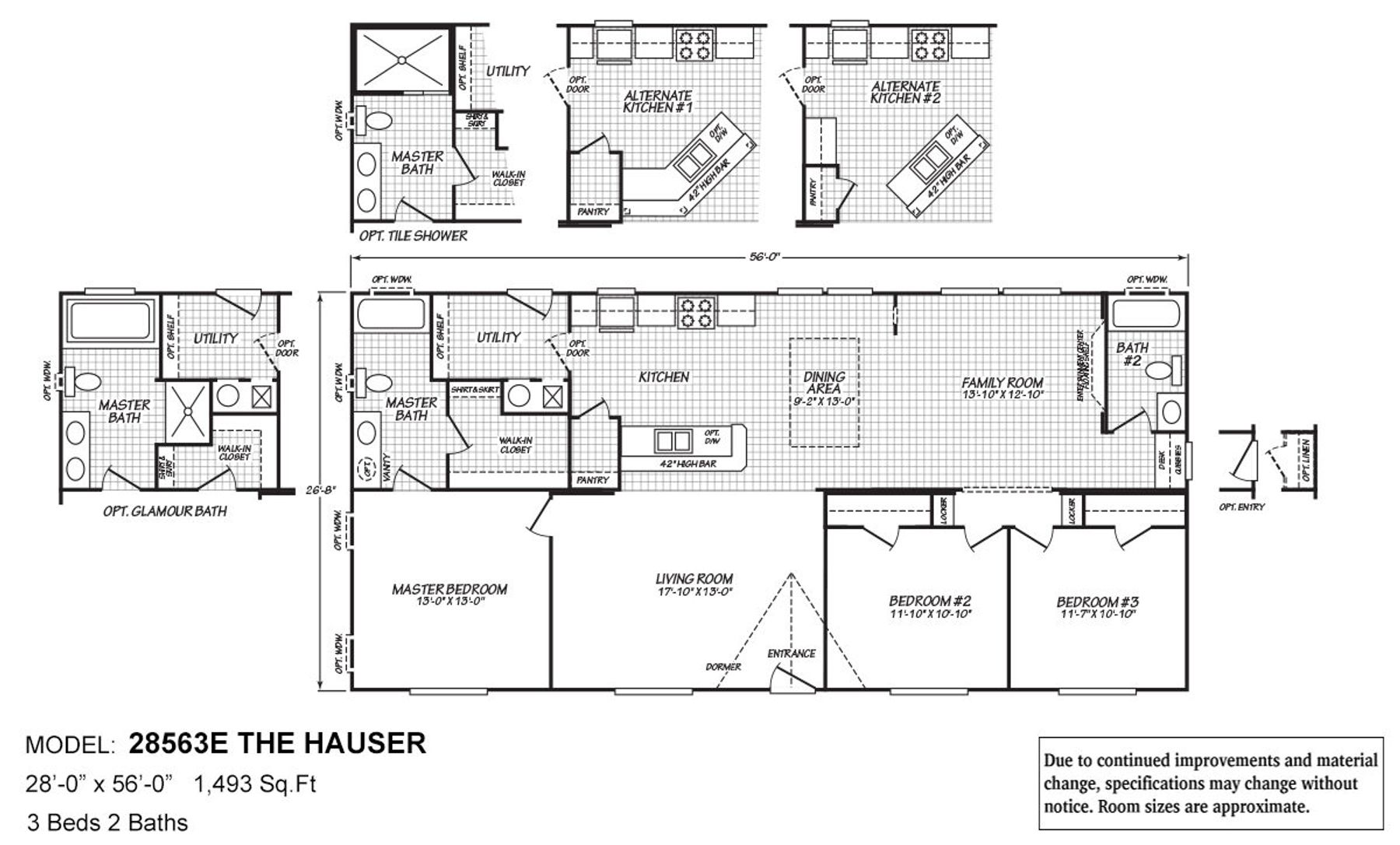 Floor plan for The Hauser model 28563E showing 3-bedroom, 2-bathroom layout with 1,493 sq ft, family room, and multiple optional kitchen and bathroom configurations