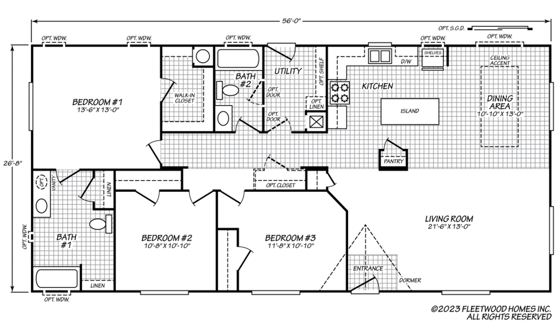 This is the Cavco Idaho 28563E floor plan, a 3-bed, 2-bath home (26'8" x 56'). Features include a large living room, kitchen with island and pantry, dining area, primary suite with walk-in closet, two additional bedrooms, two full baths, and a utility room.