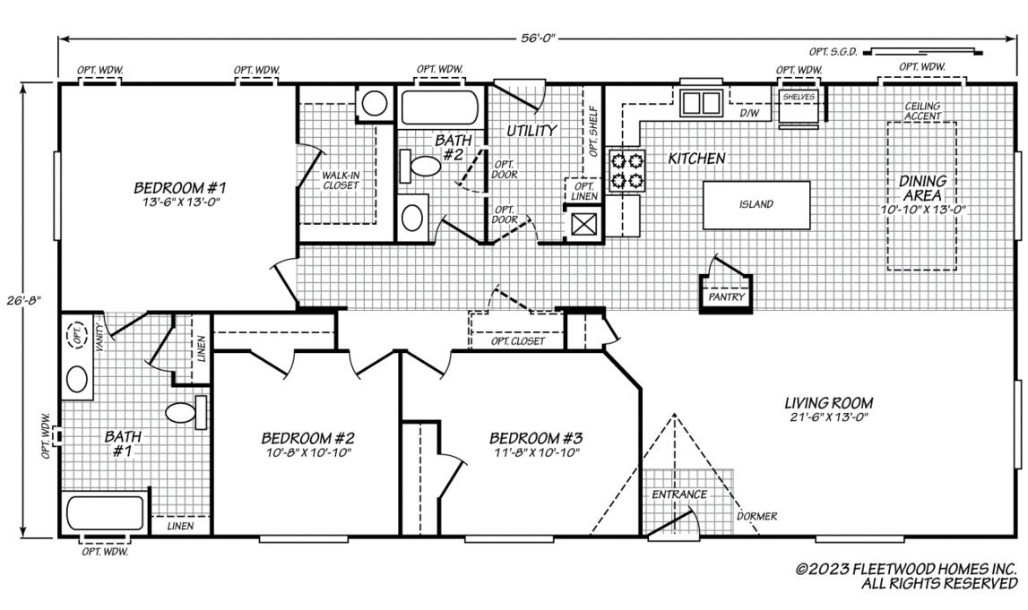 This is the Cavco Idaho 28563E floor plan, a 3-bed, 2-bath home (26'8" x 56'). Features include a large living room, kitchen with island and pantry, dining area, primary suite with walk-in closet, two additional bedrooms, two full baths, and a utility room.