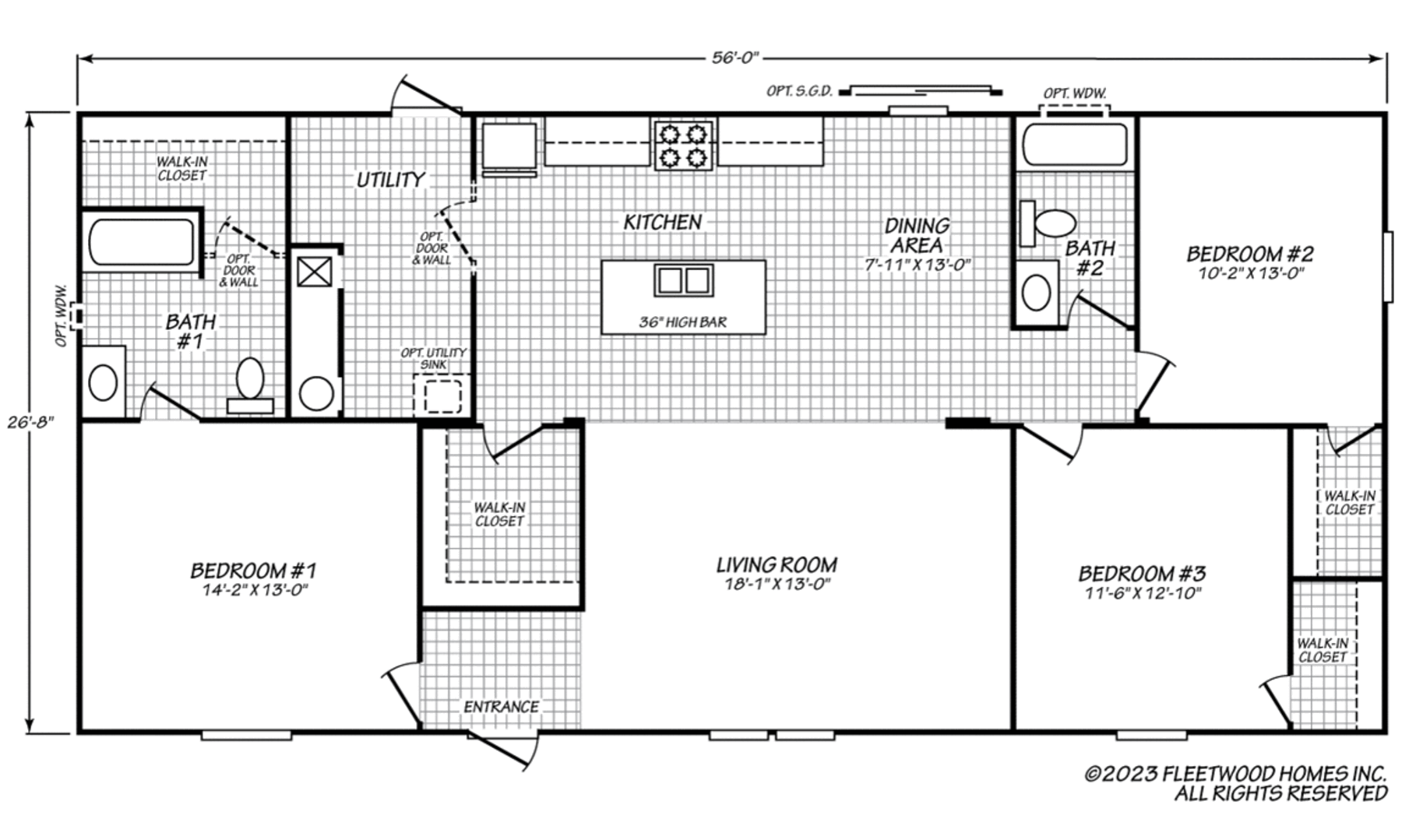 56' x 26'8" floor plan with 3 bedrooms, 2 bathrooms, open kitchen with island, dining area, utility room, living room, and walk-in closets.