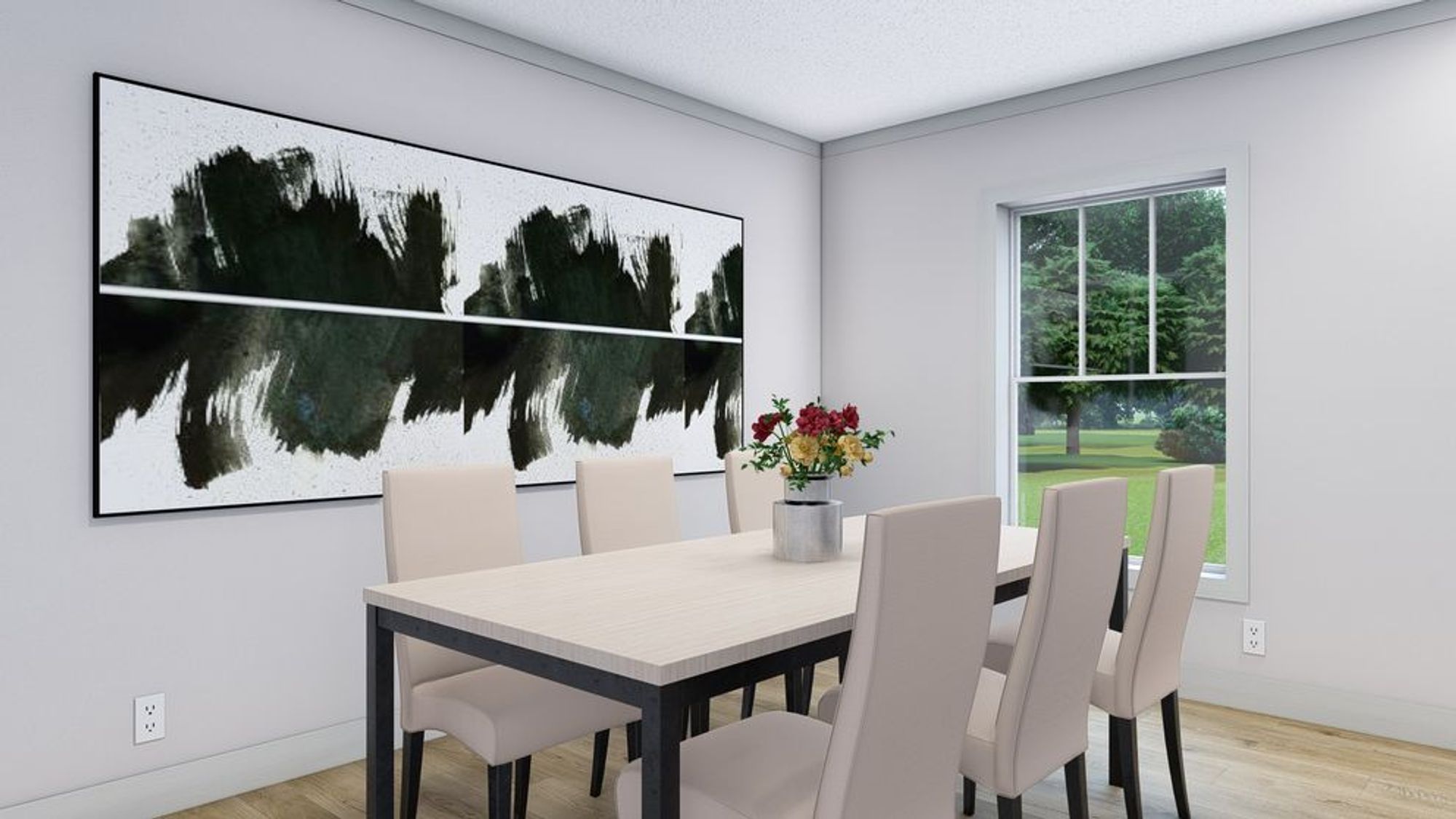 Dinning room with a table that seats 6.