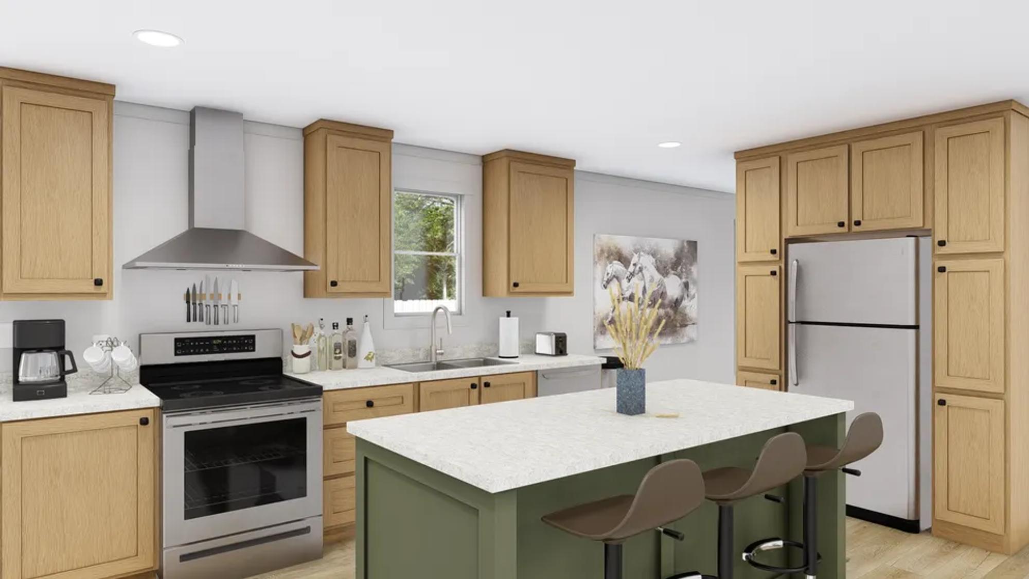 Large kitchen with a mix of light and medium warm wood cabinetry, and white style countertops.