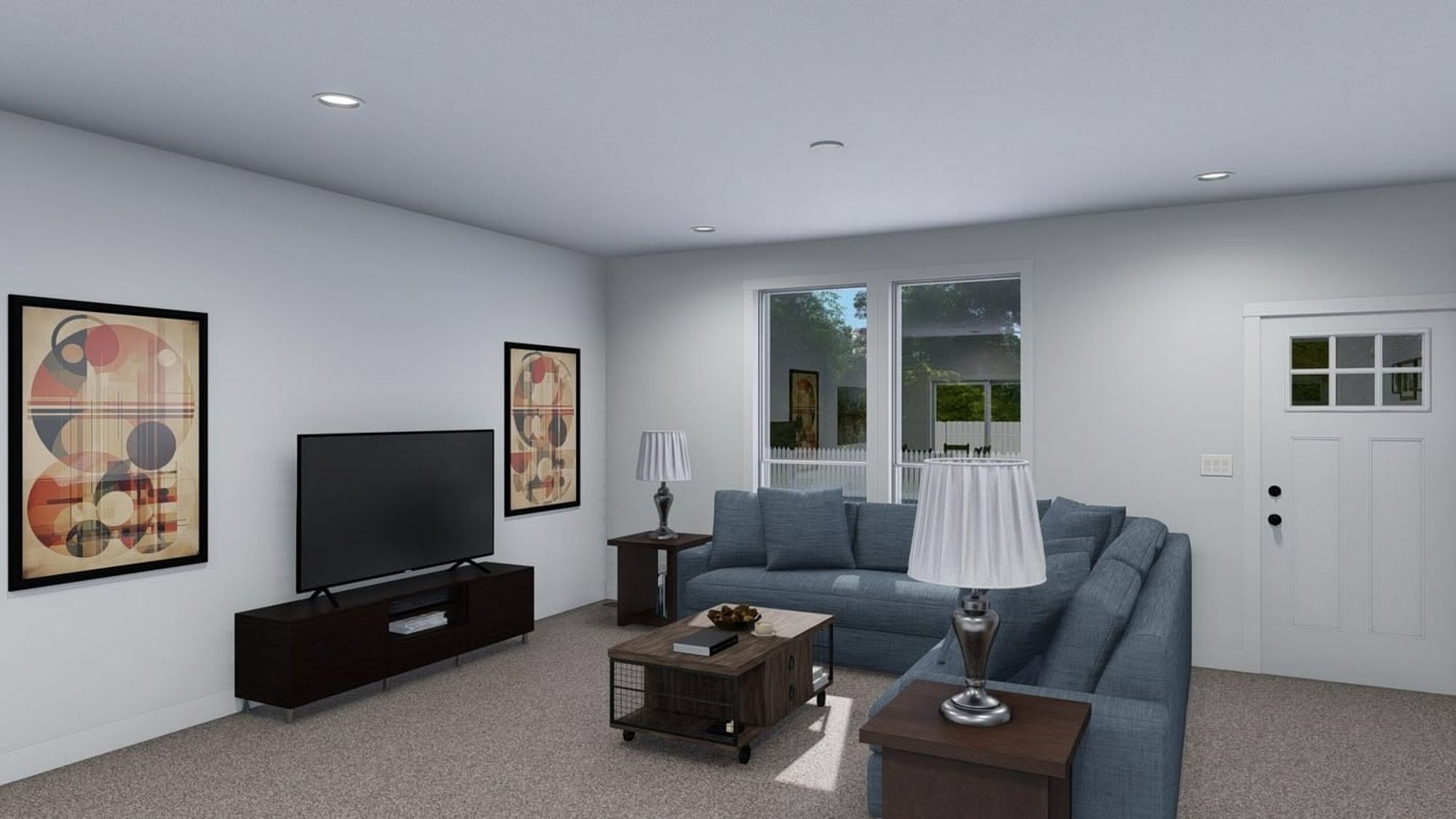 Large front room with a sectional couch, an entertainment center, and a coffee table.
