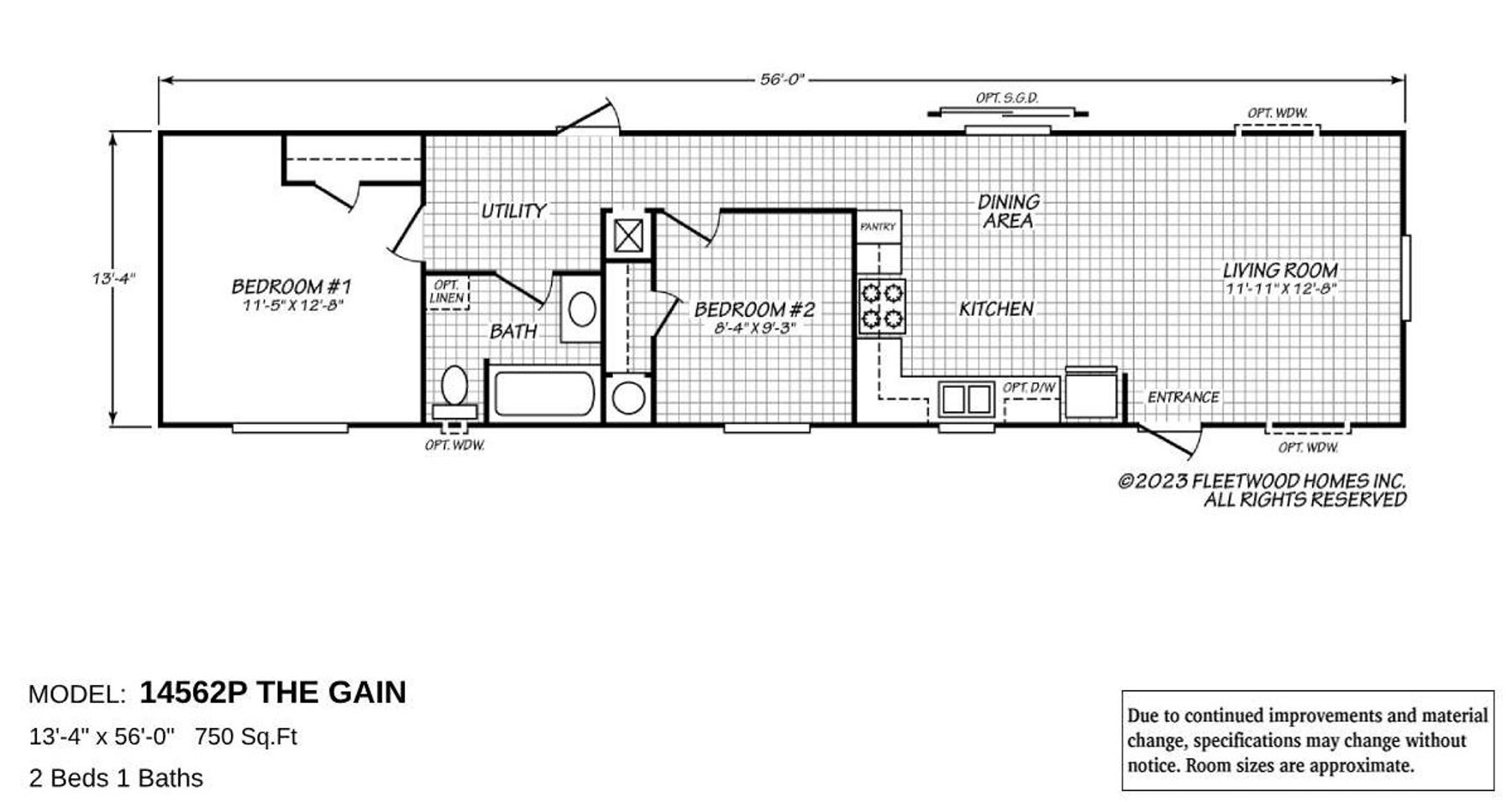 Floor plan of Cavco Idaho Model 14562P "The Gain," a 750 sq. ft. home with 2 bedrooms and 1 bathroom. Layout includes a spacious living room, dining area, kitchen with pantry, utility room, and a large master bedroom.