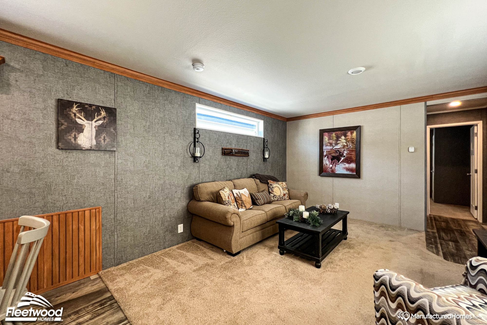 Mid-sized living room with a couch, chair, and coffee table.