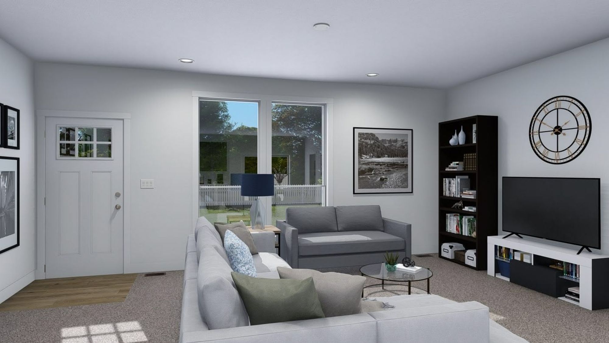 Large front room with two couches, an entertainment center, and a bookshelf.