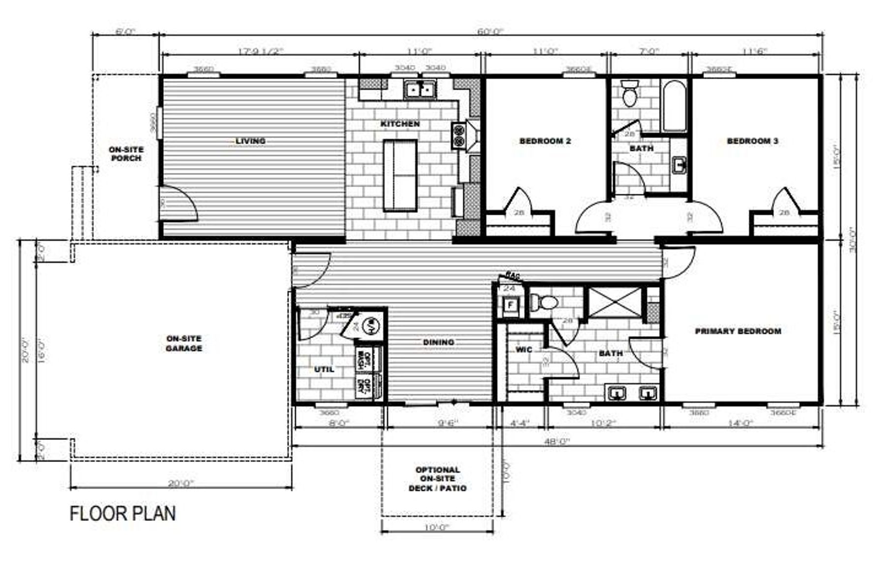 Floor plan of a single-story house with 3 bedrooms, 2 bathrooms, open living and dining areas, kitchen, utility room, attached garage, porch, and optional deck/patio