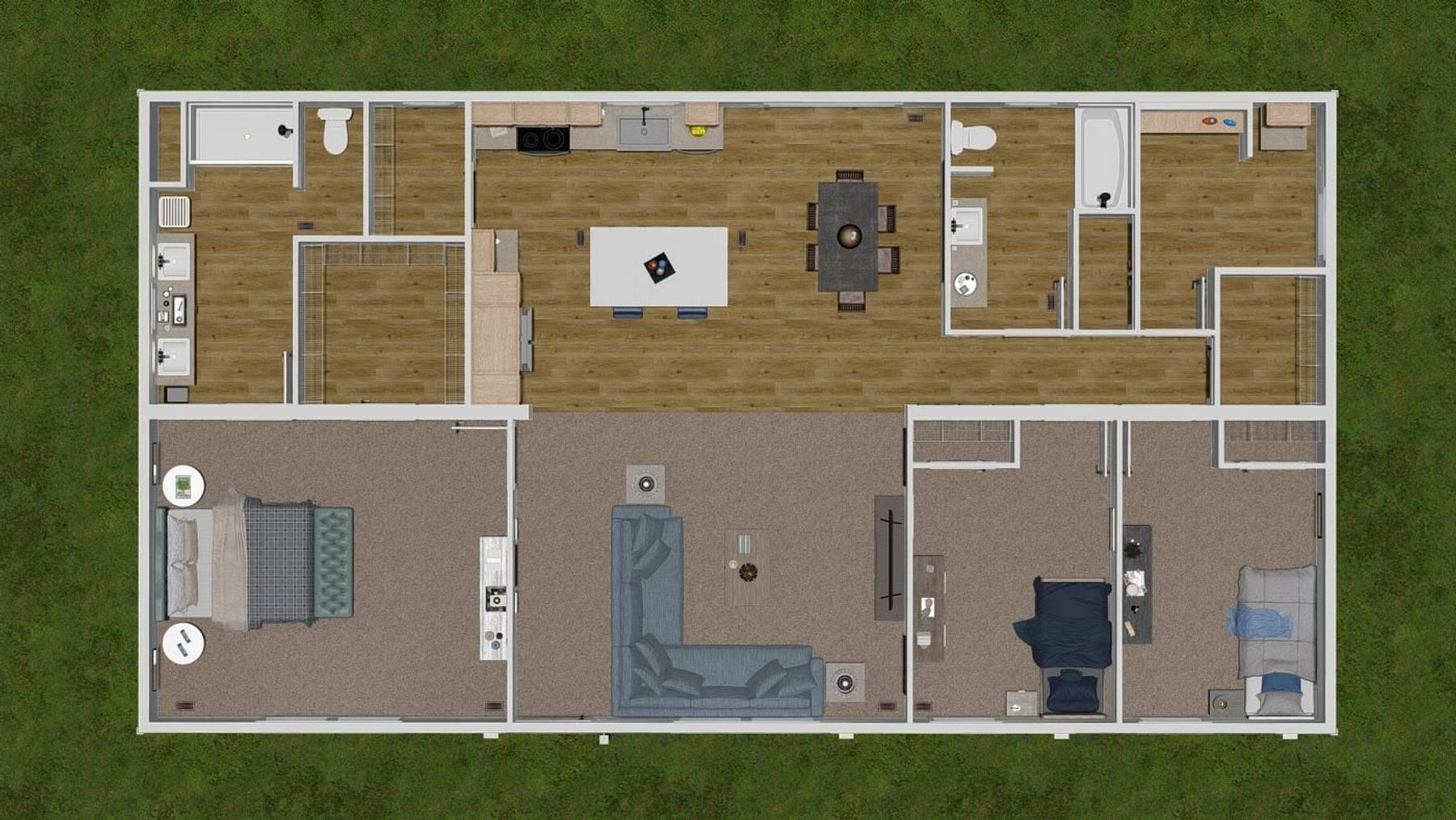 House layout with three bedrooms, an open-concept living room, kitchen, and dining room, and 2 bathrooms.