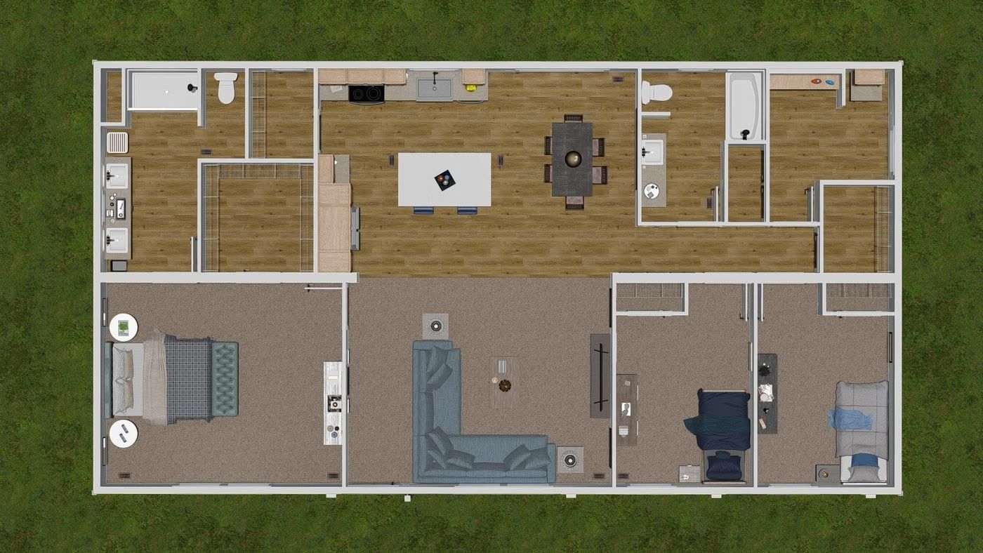 House layout with three bedrooms, an open-concept living room, kitchen, and dining room, and 2 bathrooms.