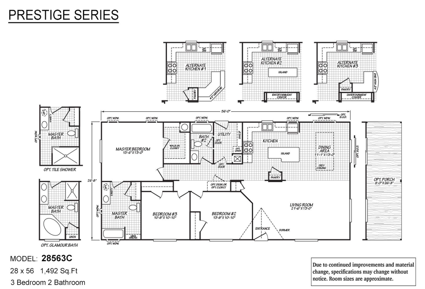 Floor plan of Prestige Series Model 28563C showing a 3-bedroom, 2-bathroom home layout with 1,492 square feet, including kitchen with island, dining area, living room, utility room, and optional features like porch, glamour bath, and tile shower.