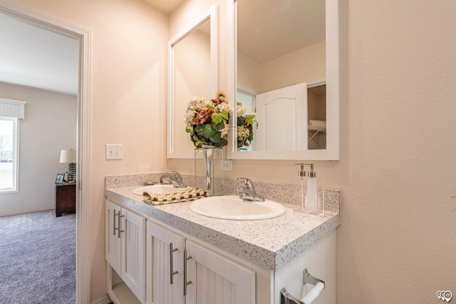 Partial view of the bathroom with a double-sink countertop.