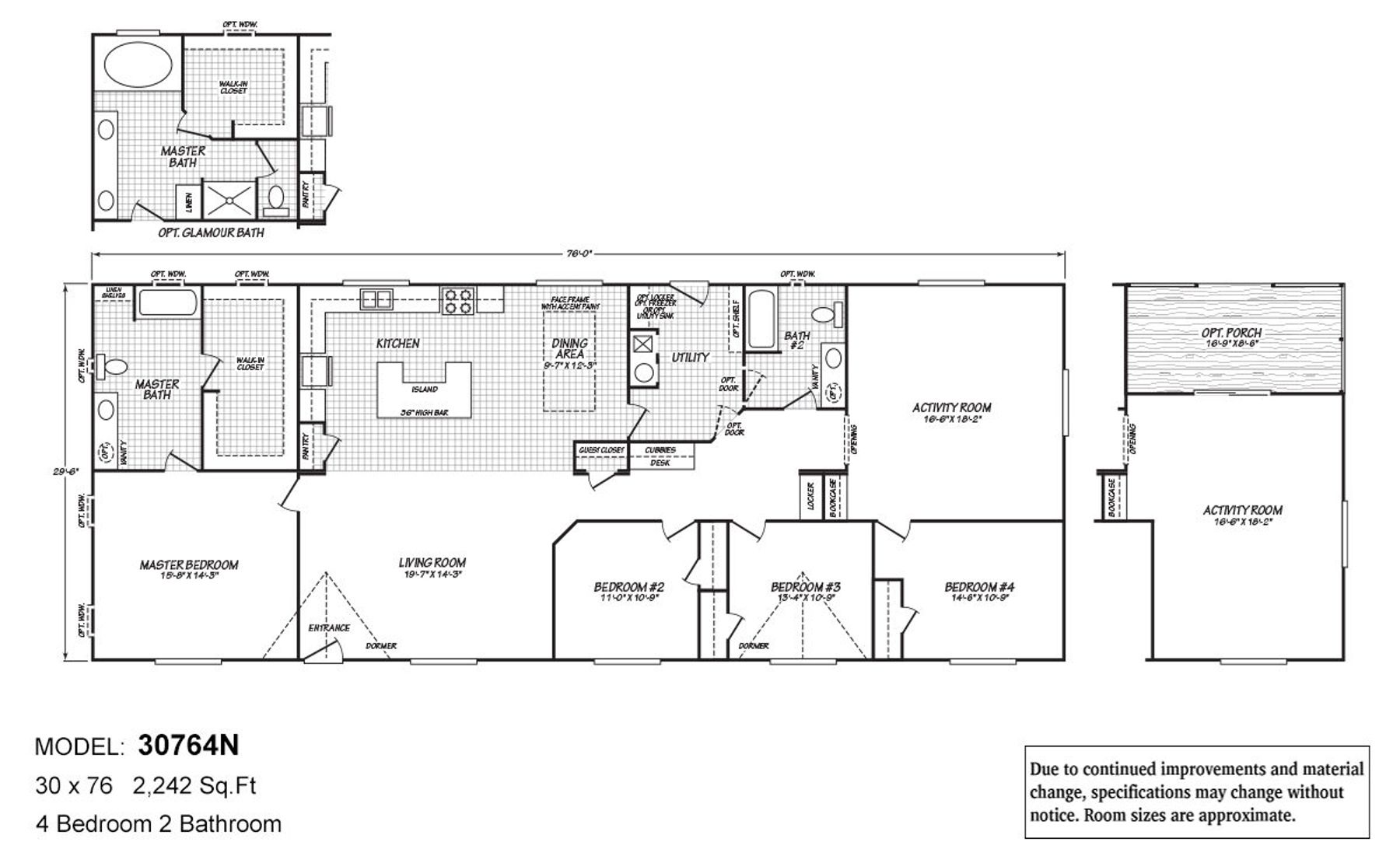 Floor plan for model 30764N showing 4-bedroom, 2-bathroom layout with 2,242 sq ft, activity room, and optional glamour bath