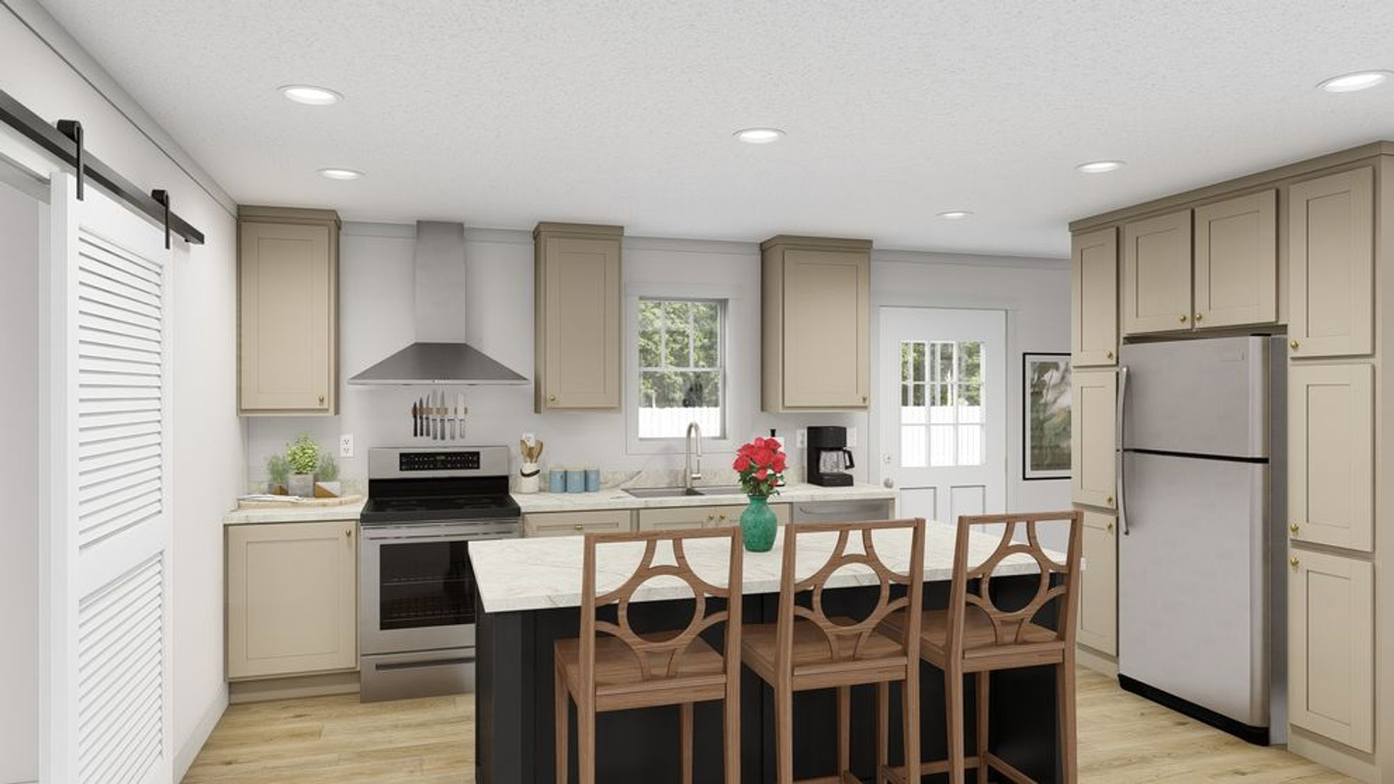 Modern kitchen interior with light beige cabinets, center island seating for three, stainless steel appliances, and white back door with window.