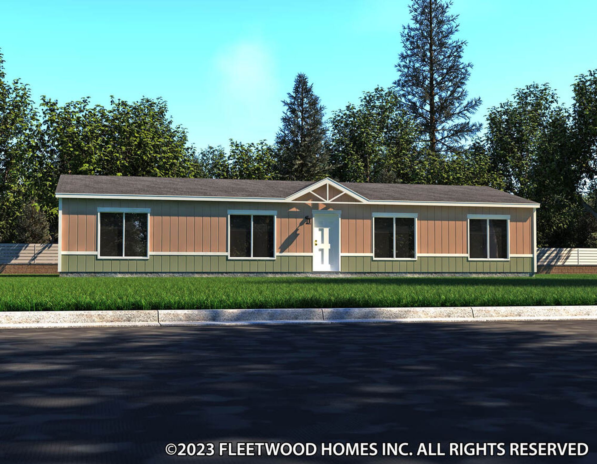 Single-story manufactured home with tan and green siding, white trim, and a centered front door under a small gable accent.