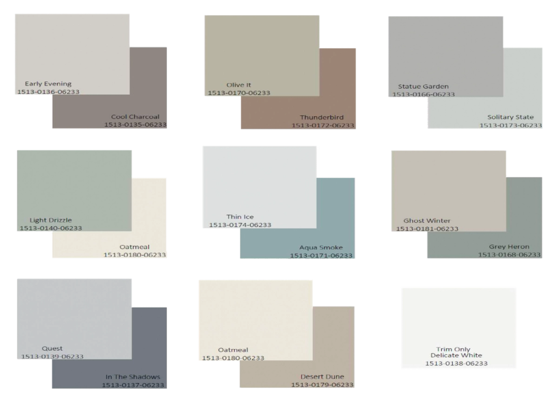Exterior color options: Early evening, Cool charcoal, Olive it, Thunderbird, Statue garden, Solitary state, Light drizzle, Oatmeal, Thin ice, Aqua smoke, Ghost winter, Grey heron, Quest, In the shadows, Desert Dune, and trim-only Delicate white.