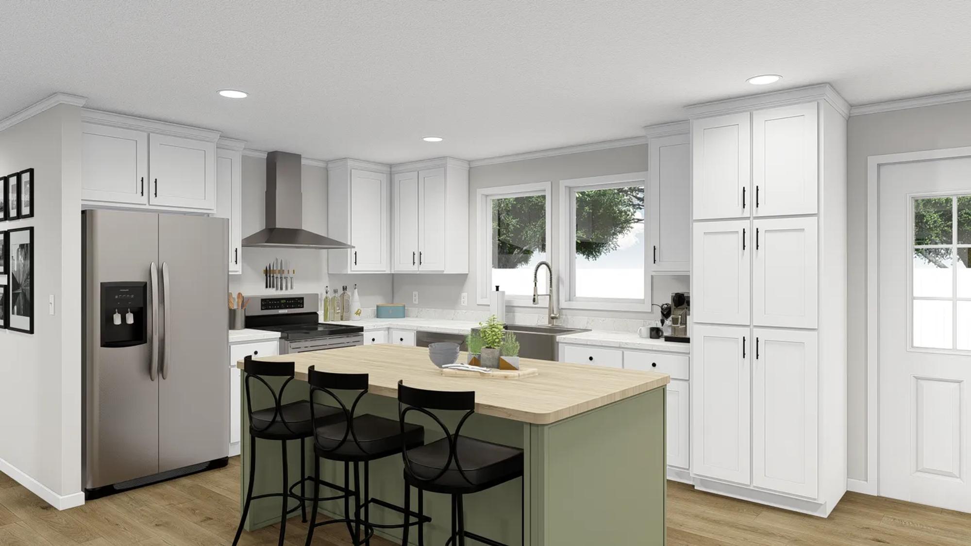 Kitchen with white cabinets and a green island topped with a wooden countertop