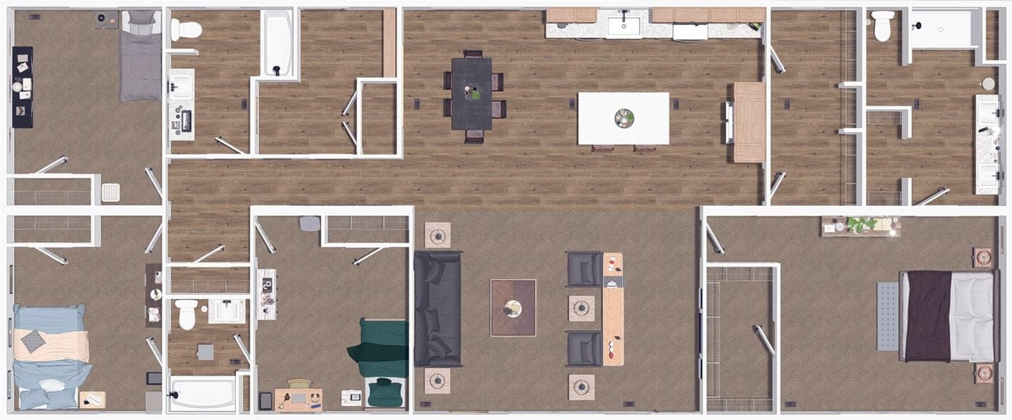House layout with 4 bedrooms, 3 bathrooms, and an open-layout living room, dining room, and kitchen.